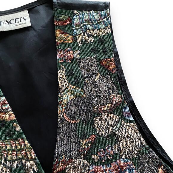 VNTG Tapestry Vest Dog Themed Sz M Green Multicolor Satin Tie Back 80s Y2k - Picture 1 of 16